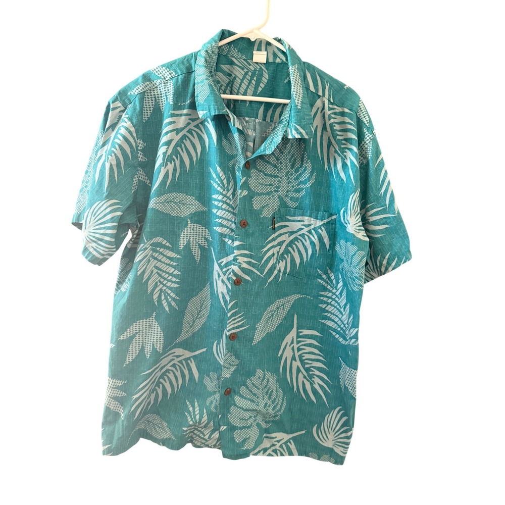 Palmwave Vintage Hawaii Mens 2XL Aloha Shirt Teal Tropical Leaf Print‎ Cotton